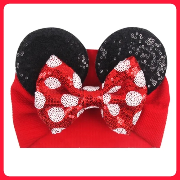 handmade baby head wrap headband sequin Minnie Mouse Disney themed ears w bow - Picture 3 of 8
